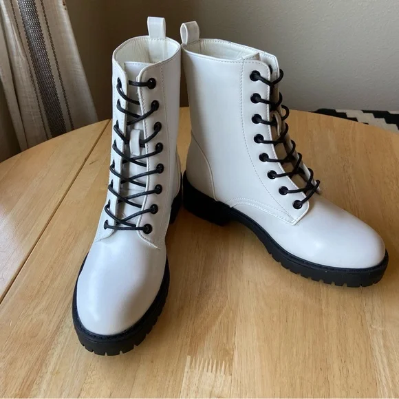 White Faux Leather Platform Military Boots - Picture 3 of 5
